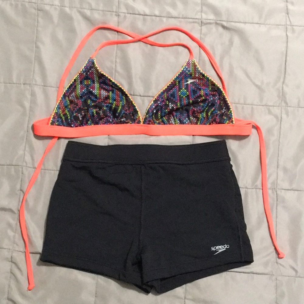 Speedo Endurance Lite Bikini Set, Orange/Black Triangle Top, Black Swim Shorts